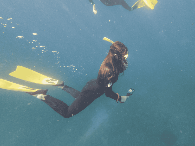 Female student underwater in flippers and a snorkel holding a small underwater camera in one hand