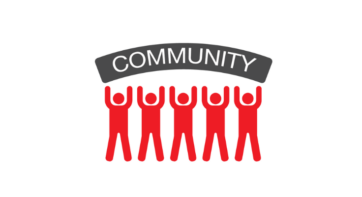icon of five people holding a banner with word community above their heads
