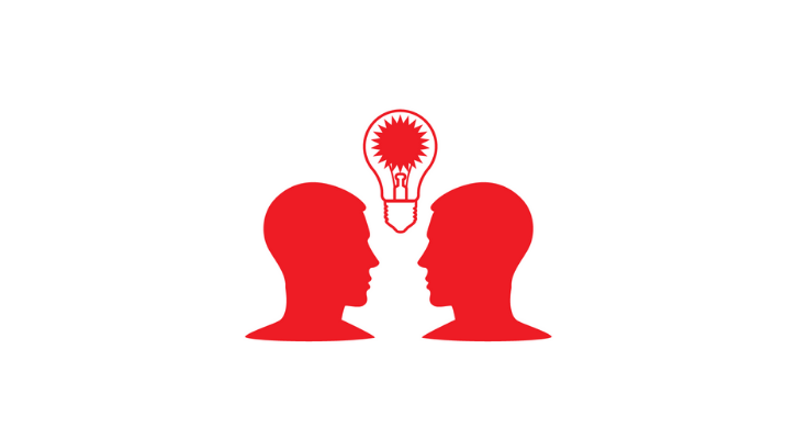 icon of two male heads facing towards each other with lightbulb above