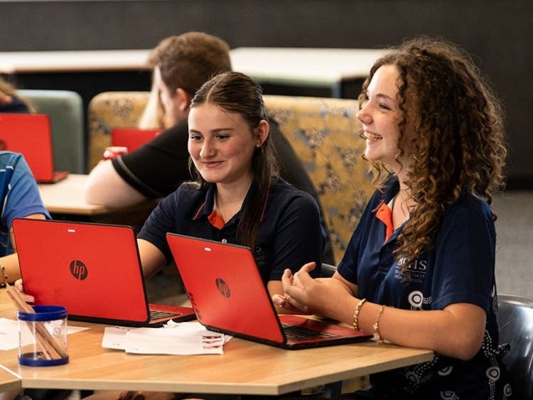 Two students smiling working on their laptops